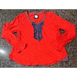 Anthropologie Postmark Orange Slub Knit Crochet Fringe Top Long Sleeve Large